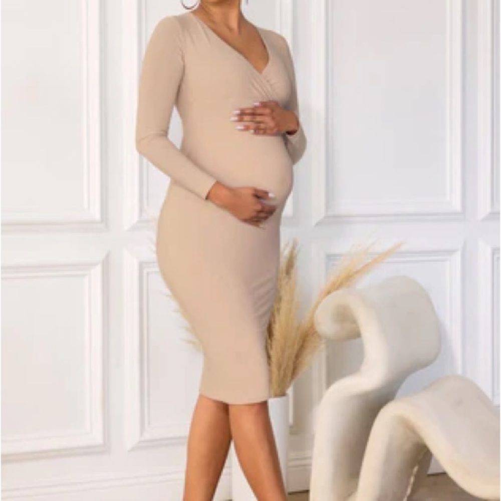 Club L London : My Time | Maternity Champagne Plunge Neck Long Sleeve Midi Dress